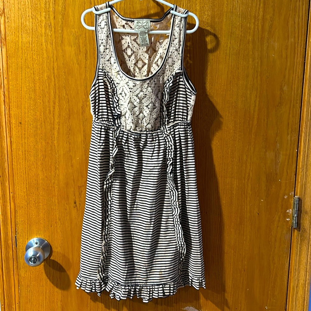 Eyelash couture women’s sundress. Elastic waist, navy blue, and cream with lace.